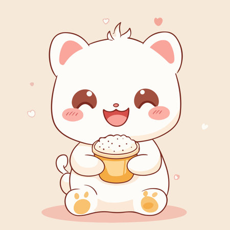 A charming cartoon illustration of a cute white cat character with big, expressive eyes and rosy cheeks, happily holding a small dessert. The background features soft pastel colors and heart shapes, enhancing the adorable theme.のイラスト素材