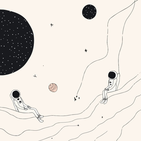 Two astronauts sit on a surreal, wavy landscape, gazing into the vastness of space. The background features a starry sky with large celestial bodies and a sense of tranquility in the cosmos.のイラスト素材