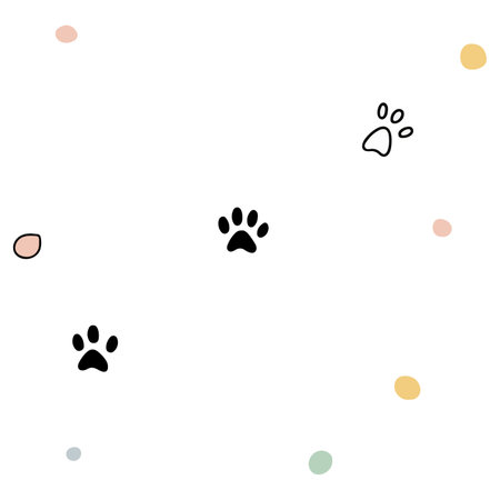 A whimsical design featuring black paw prints scattered across a white background, complemented by colorful abstract shapes in soft pastel tones.のイラスト素材