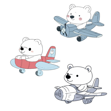 A whimsical illustration featuring three cute bear characters piloting different colorful airplanes. Each bear displays a cheerful expression, showcasing their adventurous spirit as they soar through the skies in their unique aircraft.のイラスト素材