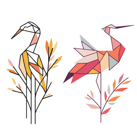A modern artistic representation of two cranes, depicted in a geometric style. The left crane features a combination of yellow and black lines, surrounded by simple foliage.のイラスト素材