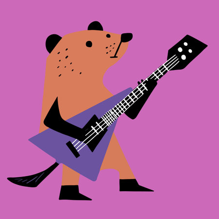 A whimsical illustration of a bear-like character playing an electric guitar. The character is depicted in a playful, cartoonish style with a vibrant purple background, showcasing its musical talent and energetic vibe.のイラスト素材