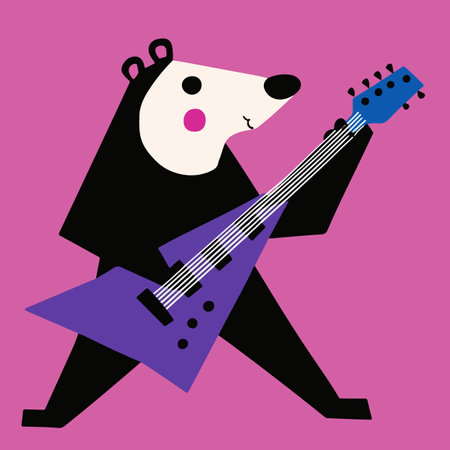 A playful illustration of a bear playing an electric guitar. The bear has a cartoonish style with a black body and a white face, featuring pink cheeks. It stands against a vibrant pink background, showcasing a bold purple guitar.のイラスト素材