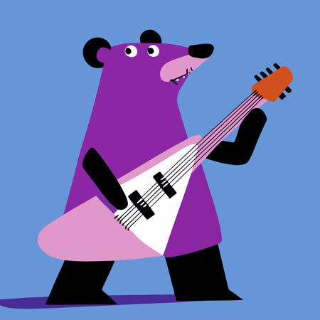 A whimsical illustration of a purple bear playing a stringed instrument. The bear has a playful expression and is depicted against a solid blue background, showcasing its vibrant colors and unique design.のイラスト素材