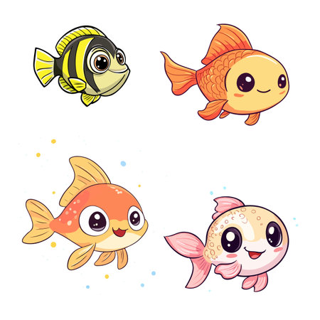 A vibrant illustration featuring four adorable cartoon fish, each with distinct colors and expressions.のイラスト素材