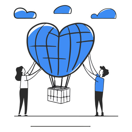 A whimsical illustration of a heart-shaped hot air balloon being lifted by two people.のイラスト素材