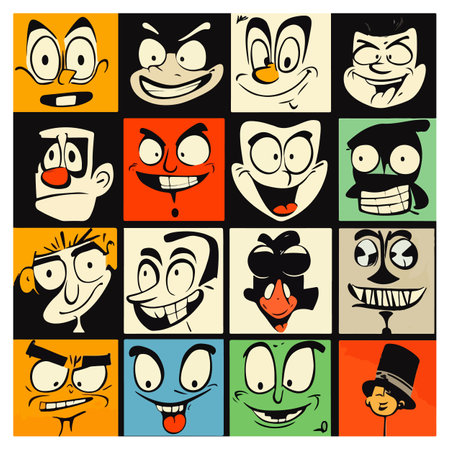 A vibrant collage featuring a variety of cartoon character faces, each displaying unique and exaggerated expressions.のイラスト素材