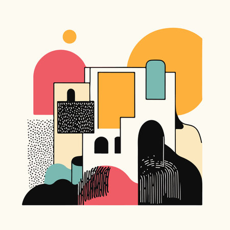 A vibrant abstract composition featuring geometric shapes and forms that suggest a stylized landscape.のイラスト素材