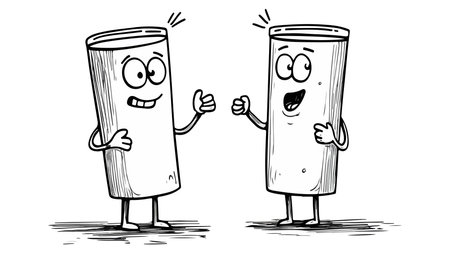 Two cartoon beverage glasses with cheerful expressions, engaging in a friendly conversation. One glass is giving a thumbs up while the other is smiling and gesturing positively.のイラスト素材