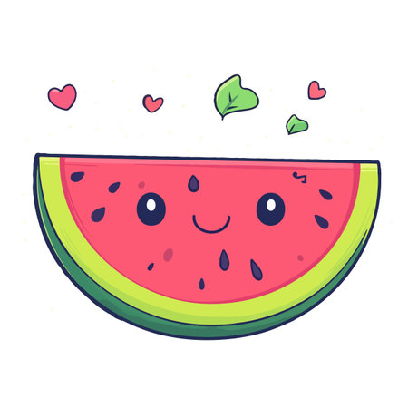 A cheerful cartoon illustration of a watermelon slice with a smiling face. The slice is adorned with small hearts and green leaves, adding a playful and joyful vibe.のイラスト素材
