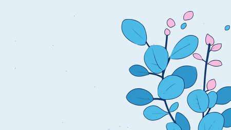 A minimalist illustration featuring a stylized blue plant with pink buds against a light blue background.のイラスト素材