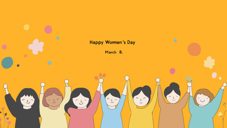 A vibrant illustration featuring a diverse group of women joyfully raising their hands in celebration.のイラスト素材