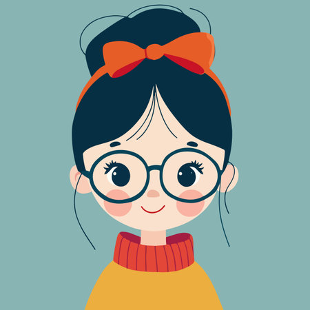 A cute, cartoon-style illustration of a girl with glasses and a bright orange bow in her hair. She has a warm smile and is wearing a cozy yellow sweater with a red collar.のイラスト素材