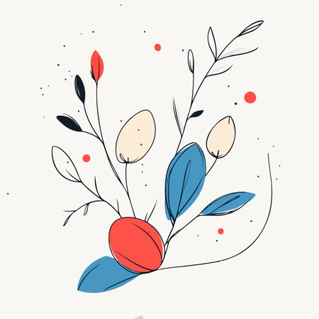 A minimalist illustration featuring a combination of abstract flowers and leaves in soft colors, including red, blue, and beige, set against a light background.のイラスト素材