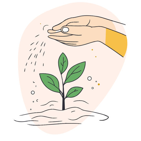 An illustration depicting a hand sprinkling seeds over a small plant. The plant has vibrant green leaves and is emerging from the soil, symbolizing growth and care in gardening.のイラスト素材