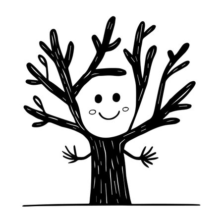 A whimsical illustration of a tree with a smiling face and outstretched arms, featuring a simple, cartoonish style. The tree has a textured trunk and numerous branches, creating a friendly and inviting appearance.のイラスト素材