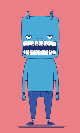 A stylized cartoon monster with a square blue head, prominent teeth, and a mischievous expression. The character has a simple body design, wearing blue pants and a long-sleeve shirt, set against a pink background.のイラスト素材