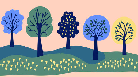 A whimsical illustration featuring a row of stylized trees in various colors and shapes, set against a soft pink background. The trees are depicted with unique leaf patterns, and the landscape includes rolling hills and yellow flowers.のイラスト素材
