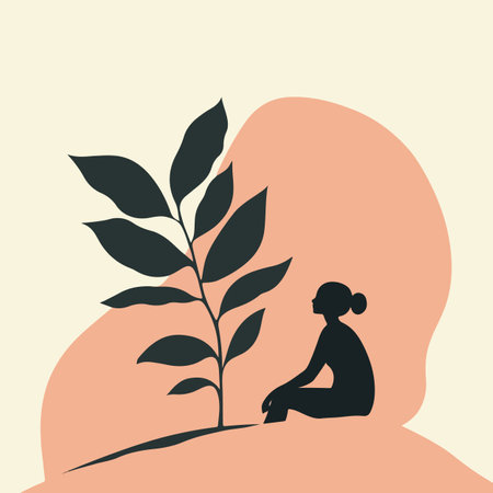 A minimalist illustration depicting a silhouette of a person sitting in a contemplative pose next to a large plant. The background features soft, abstract shapes in warm tones, symbolizing tranquility and connection with nature.のイラスト素材
