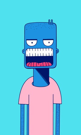 A stylized cartoon character featuring a blue head with a rectangular shape, exaggerated facial features including a wide grin with sharp teeth, and a light pink shirt. The background is a bright turquoise, enhancing the character's vibrant appearance.のイラスト素材