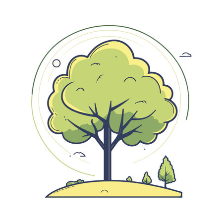 A minimalist illustration of a tree with a slender trunk and a variety of green leaves.のイラスト素材