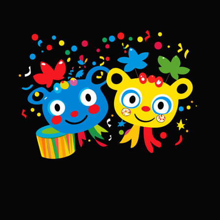 A vibrant illustration featuring two playful cartoon characters. One character is blue with colorful decorations, and the other is yellow with cheerful features.のイラスト素材