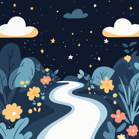 A whimsical illustration depicting a winding pathway through a lush landscape under a starry night sky.のイラスト素材