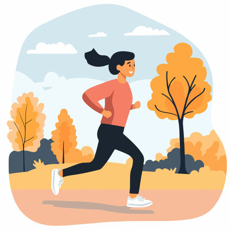 A cheerful young woman jogging through a picturesque autumn landscape, surrounded by trees with vibrant orange foliage and a clear blue sky.のイラスト素材