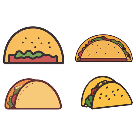 A collection of four cartoon-style taco illustrations with various fillings and shell designs.のイラスト素材