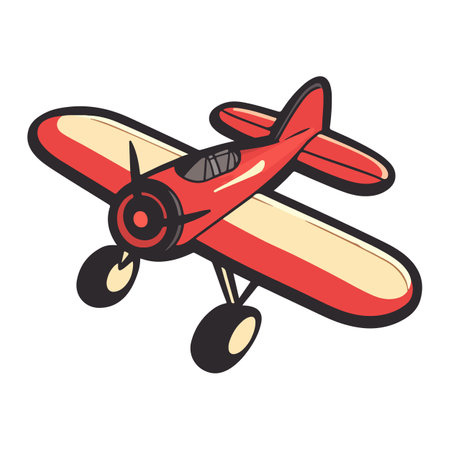 A cartoon illustration of a red and cream-colored airplane with black outlines, featuring a propeller and landing wheels.のイラスト素材