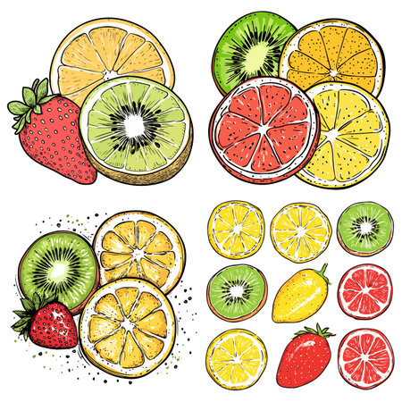 Illustration of various fruit slices including orange, kiwi, grapefruit, lemon, and strawberries, arranged in groups.のイラスト素材