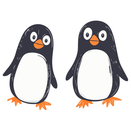 Illustration of two adorable cartoon penguins with orange beaks and feet, standing side by side.のイラスト素材