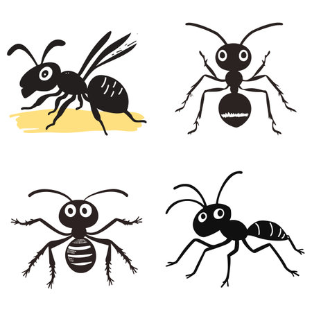 A collection of four cartoon ants in black and white, each with a unique design and pose.のイラスト素材