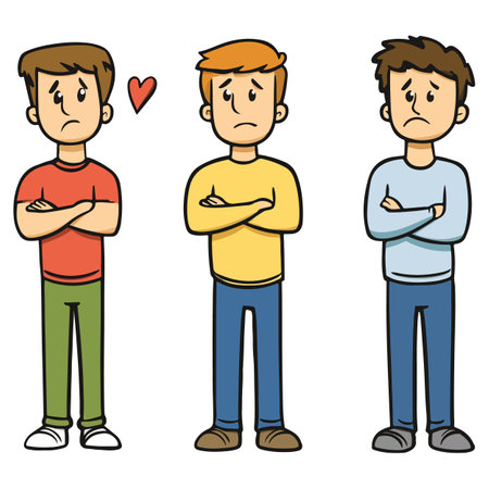 Cartoon illustration of three sad men standing with their arms crossed, expressing negative emotions.のイラスト素材