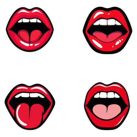 A collection of four cartoon-style open mouths with bright red lips and visible teeth or tongue, set against a white background.のイラスト素材