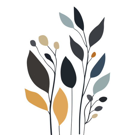Abstract illustration of stylized plants with leaves and berries in muted colors on a white background.のイラスト素材