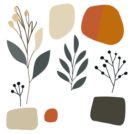 A minimalist botanical illustration featuring abstract shapes and plant elements in muted, earthy tones.のイラスト素材