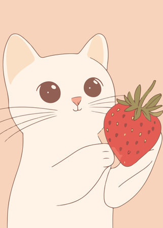 A cute cartoon cat holds a large strawberry in its paws against a peach background.のイラスト素材