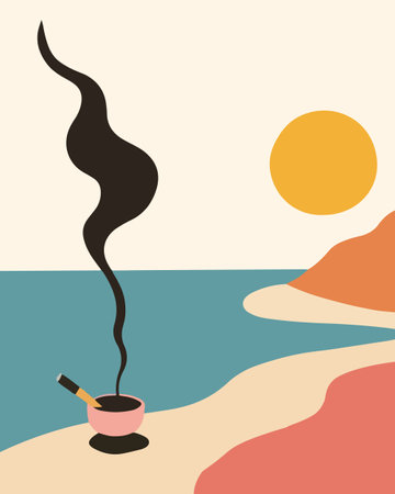 A minimalist illustration of a beach scene with a smoking incense bowl in the foreground, set against a stylized sun and landscape.のイラスト素材