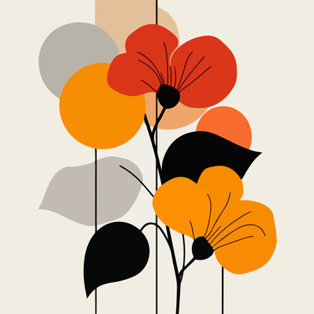 Abstract floral art with red and orange flowers, geometric shapes, and minimalist design on a light background.のイラスト素材