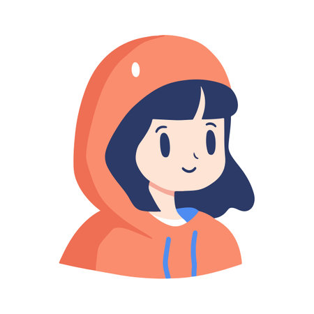 Illustration of a cartoon girl with dark hair wearing an orange hoodie.のイラスト素材