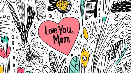 A whimsical doodle art featuring a heart with 'Love You, Mom' amidst floral and abstract elements.のイラスト素材