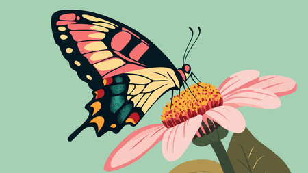 Illustration of a butterfly with colorful wings perched on a pink flower against a light green background.のイラスト素材