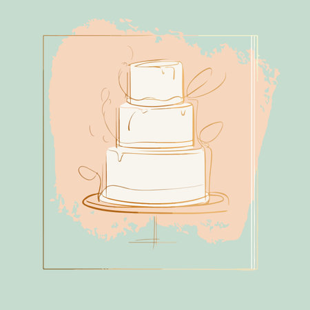 Elegant line art illustration of a three-tiered cake on a stand, set against a pastel background with a gold frame.のイラスト素材