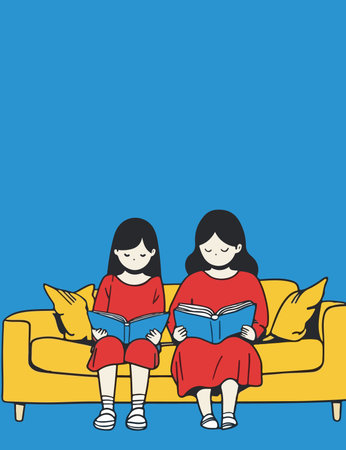 Two girls in red dresses are sitting on a yellow couch, each engrossed in reading a blue book against a blue background.のイラスト素材