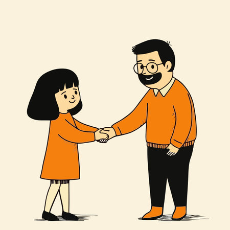 A girl and a man are shaking hands. The girl is wearing an orange dress and the man is wearing an orange sweater and black pants.のイラスト素材