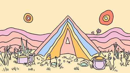 Whimsical illustration of a camping scene with a tent, pots, flowers, and stylized suns in a pastel color palette.のイラスト素材