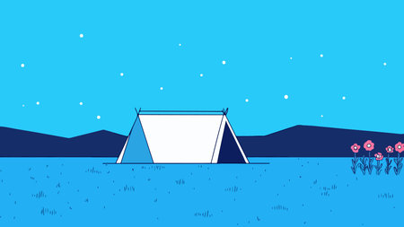 A camping tent sits in a field under a starry sky, with mountains in the background and flowers nearby.のイラスト素材