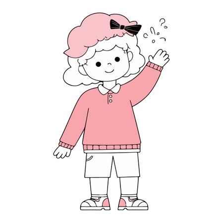 A cartoon girl with a bow in her hair raises her hand, surrounded by question marks, indicating confusion or inquiry.のイラスト素材