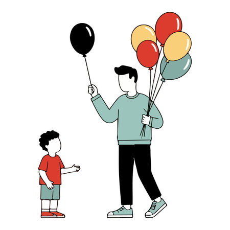 A man offers a black balloon to a child, while holding a bunch of colorful balloons in the other hand.のイラスト素材